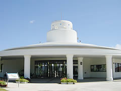 屋根の上に白い円柱形のドームがある図書館の建物の写真