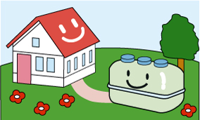 赤い屋根の家の庭にある浄化槽タンクのキャラクターのイラスト